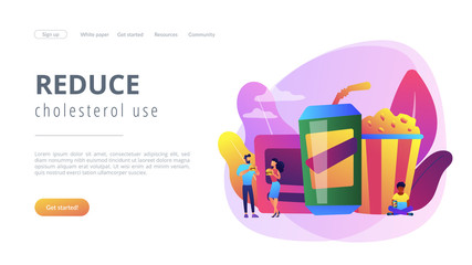 Business people eating hamburgers and drinking soft drinks near huge junk food. Snacking non-stop, junk food eating, reduce cholesterol use concept. Website vibrant violet landing web page template.