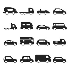 Car silhouettes icon. Type of transport minivan truck suv micro van vector black symbols. Auto hatchback silhouette, off-road minivan illustration