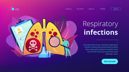 Doctor with magnifier and lungs with skull and crossbones. Lower respiratory infections, pneumonia, lungs infection concept on white background. Website vibrant violet landing web page template.