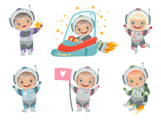 Kids astronauts. Children funny characters in space suit spaceman vector mascots. Astronaut space, spaceship and cosmonaut in suit, children spaceman illustration