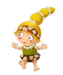 Obraz premium cartoon scene with happy caveman barbarian warrior woman on white background illustration for children