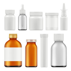 Pharmaceutical white bottles. Blank medicament supplement box or packages realistic white empty vector containers. Container realistic, package plastic bottle illustration