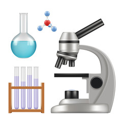 Science equipment. Microscope scientific chemical laboratory items glass cylinder and tubes beakers pipette vector realistic. Illustration of microscope for laboratory, glass flask