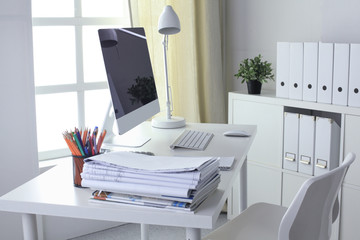 Workspace desktop, documents on the office table