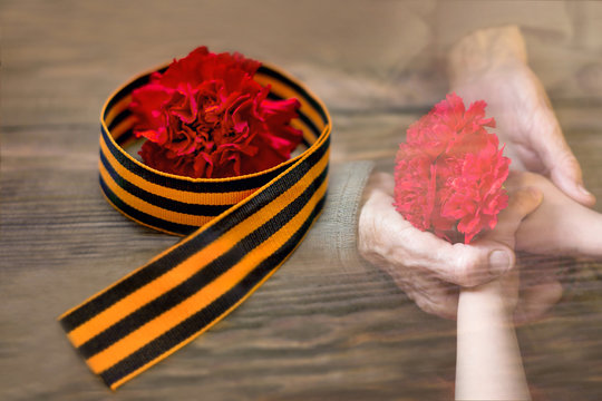 Red carnations and St. George ribbon on a wooden background / St. George ribbon-a symbol of the great Victory/Victory day. The child's hands and the veteran. Concept of Memory after the war.