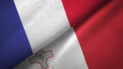 Fototapeta na wymiar France and Malta two flags textile cloth, fabric texture