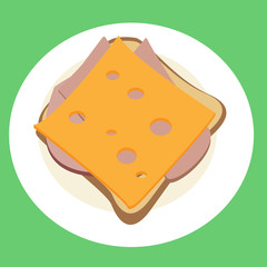 Appetizing sandwich with cheese and ham on a white plate