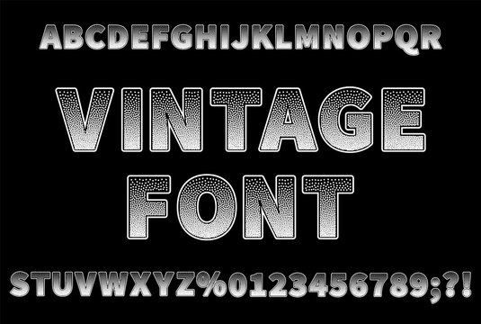 Vintage dotted sans serif font on black background. Capital letters with numbers. Vector illustration.