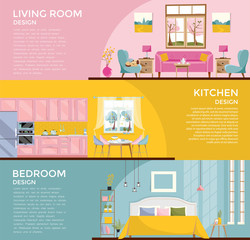 Set of colorful graphic room interiors: living rooms with sofa, window, armchair, bedroom with bed kitchen, dining room. 3 Banners with furniture for rooms of house. Flat cartoon vector illustration