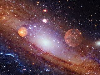 Obraz na płótnie Canvas Spiral galaxy with planets.