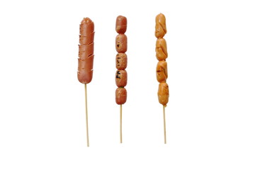grilled pork and chicken sausage stabbing in wooden stick on white background