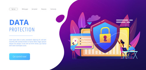 Security analysts protect internet-connected systems with shield. Cyber security, data protection, cyberattacks concept on white background. Website vibrant violet landing web page template.