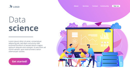 Software Engineer, Statistician, Visualizer and Analyst working on a project. Big data conference, big data presentation, data science concept. Website vibrant violet landing web page template.
