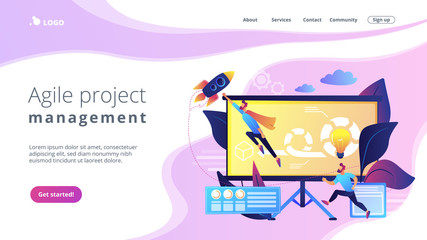 Development team member and scrum master working on Agile project for product ownerand stakeholders. Agile project management concept. Website vibrant violet landing web page template.