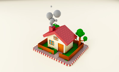 3d rendering of house with red roof, isolated on a white background