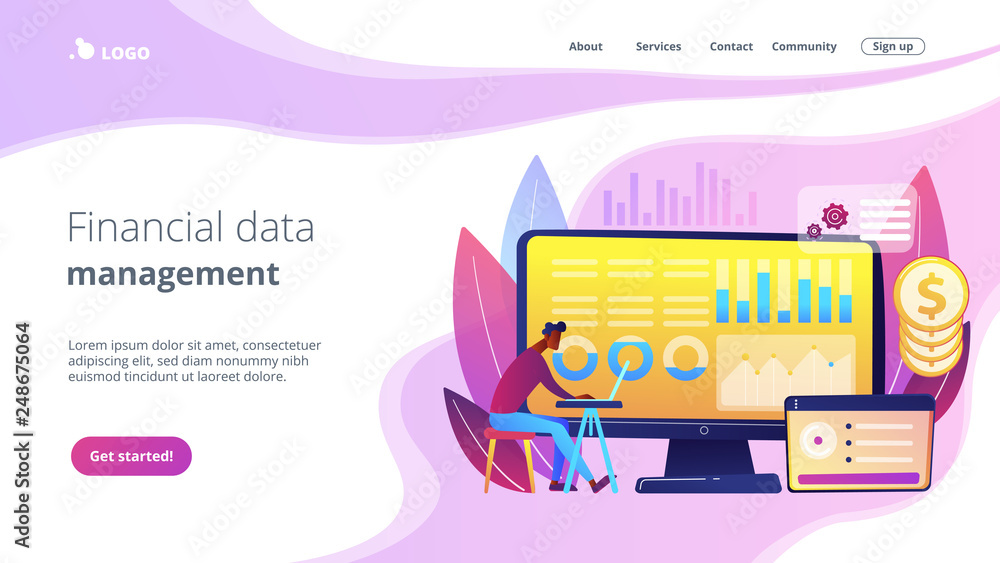 Poster data analyst consolidating financial information and reports on computer. financial data management,
