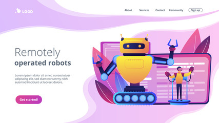 Engineer controlling big robot with remote technology. Remotely operated robots, robot control system, manipulation robotic system concept. Website vibrant violet landing web page template.