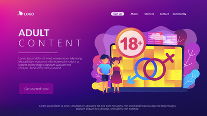 Children at laptop with adult content restriction for inappropriate video. Adult content, sexual content notification, 18 age restriction concept. Website vibrant violet landing web page template.