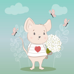 Cute little mouse with a bouquet of flowers. Drawn by hand. Vector.
