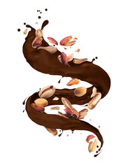 Fototapeta na wymiar Chocolate twisted splashes with crushed peanuts on white background