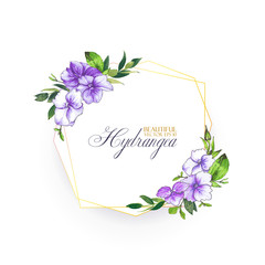 Floral vector background with hydrangea for wedding invitation, greeting template in violet and lilac colors. Geometric frame with beautiful flowers, composition of hydrangea and leaves.
