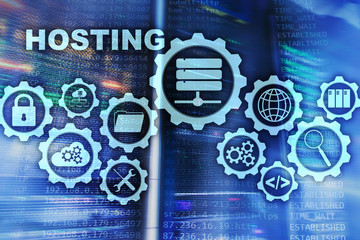 Web Hosting Technology Internet and Networking Concept. On Server room background. Virual screen