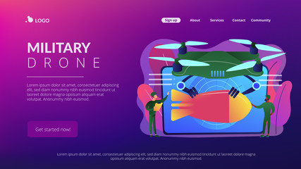 Soldiers and military drone armed with missile to attack enemy. Military drone, drones defense use, new military technology concept. Website vibrant violet landing web page template.
