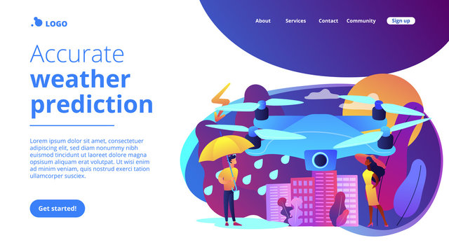 Drone over the city collecting meteorological data. Meteorology drones, meteorological data collection, accurate weather prediction concept. Website vibrant violet landing web page template.