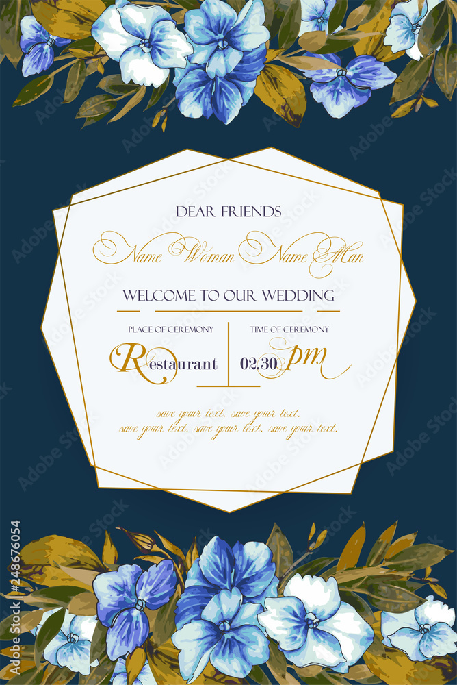 Wall mural floral vector background with hydrangea for wedding invitation, greeting template in blue and ocher 