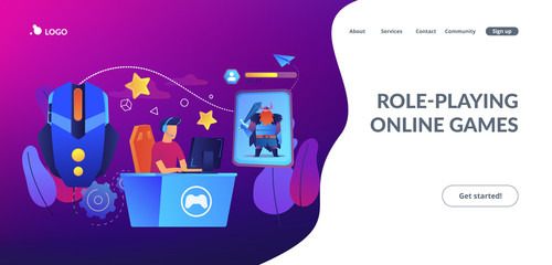 Gamer plays role-playing game online and hero avatar in fantasy world. MMORPG, massive multiplayer game, role-playing online games concept. Website vibrant violet landing web page template.