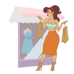 fashion girl with bags in the store. Customer. Sales Funny cartoon character.