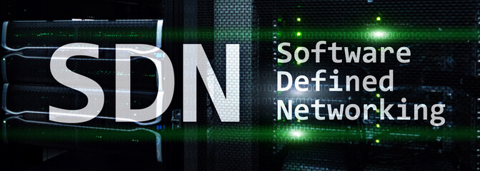 SDN, Software defined networking concept on modern server room background