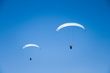 Paraglider Instructors Flying with Customers in Blue Summer Sky