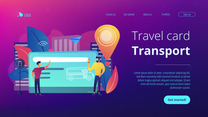 Bus travel card and users. Public transport pass, unlimited or pre-purchased trips, passenger card and transportation, transpot wireless payment concept, violet palette. Website landing web page