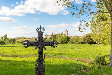 Landscape with old Cross near Saint-Privat-des-pres Dordogne France