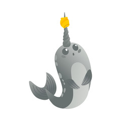 Vector cute narwhal character with horn flat icon © sabelskaya