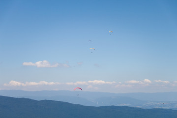 Men Flying in Paragliders in Blue Sky on a Sunny Day
