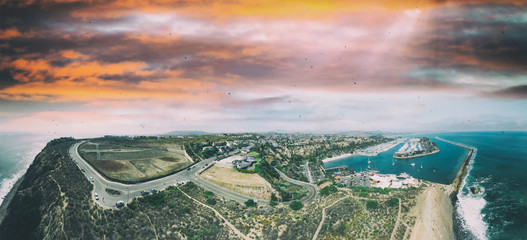 Dana Point at sunset, California aerial view