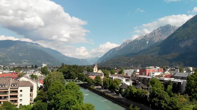 Aerial view of Lienz, Austria. Skyline and river from the sky