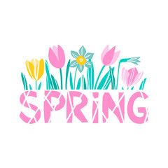 vector lettering word spring cute funny childish tulip crocus simple on white
