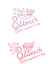 Set of two vector templates for the March 8 letterings design. March 8. Happy Women's Day. Elegant templates with women's hat and lipstick for spring design.
