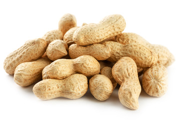 Peanuts. Two peeled nuts isolated on white background. Peanut macro.