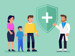 Insurance agent with protective shield and smiling family with child.