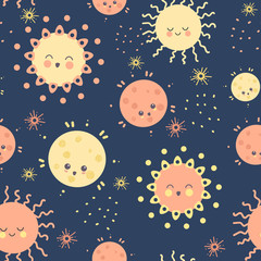 Fototapeta premium Draw seamless pattern, set background with sky, sun, sunshine, sunlight, shine, emotion, star and many details. Can use for printing, website, presentation element, textile. Vector illustration.
