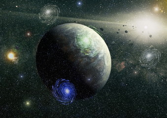 Collage on space, science and education items. Beautiful night sky, star in the space. Elements of...