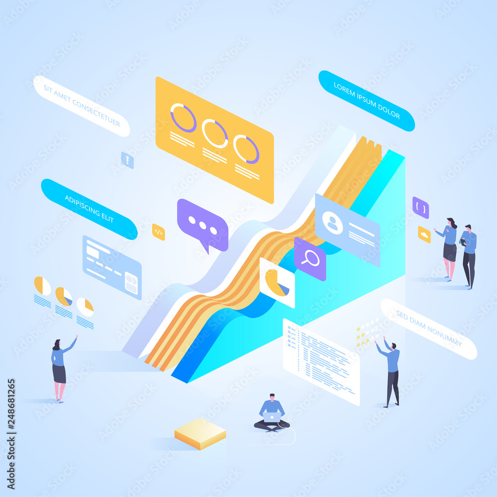 Poster expert team for data analysis & consulting services. vector isometric