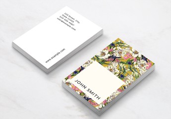 Business Card Layout with Floral Illustrations