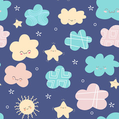 Draw seamless pattern, set background with sky, cloud, sun, sunshine, stars emotion and many details. Can use for printing, website, presentation element, textile. Vector illustration.