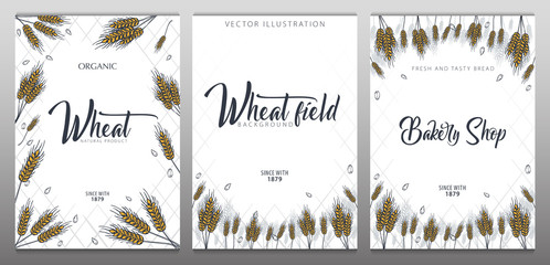 Set of Bakery backgrounds with wheats. Linear graphic. Bread banner collection. Bread house. Vector illustration