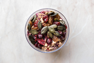 Healthy Chia Pudding with Pumpkin Seeds / Acai Bowl in Plastic Cup